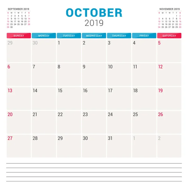 Planejador do calendário para outubro de 2019. A semana começa no domingo. Modelo de design de papelaria vetorial imprimível —  Vetores de Stock