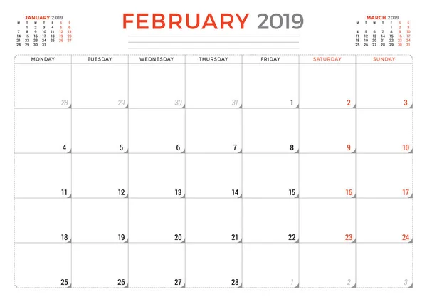 February 2019. Calendar planner stationery design template. Vector illustration — Stock Vector