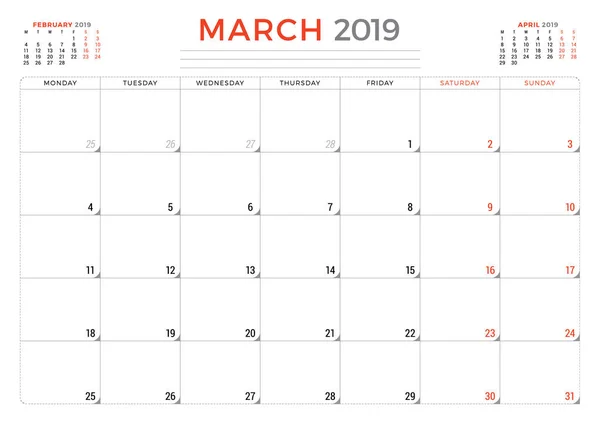 Marzo de 2019. Plantilla de diseño de papelería de planificador de calendario. Ilustración vectorial — Archivo Imágenes Vectoriales