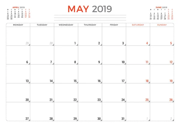 Mayo 2019. Plantilla de diseño de papelería de planificador de calendario. Ilustración vectorial — Archivo Imágenes Vectoriales
