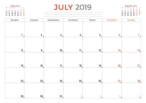 Julio 2019. Plantilla de diseño de papelería de planificador de calendario. Ilustración vectorial — Archivo Imágenes Vectoriales