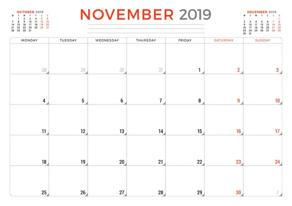 Novembro de 2019. Modelo de design de papelaria planejador de calendário. Ilustração vetorial —  Vetores de Stock