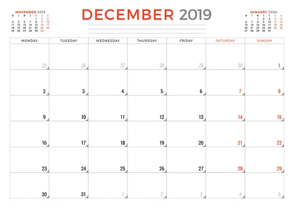 Декабрь 2019 года. Шаблон дизайна канцелярских товаров календаря. Векторная иллюстрация — стоковый вектор