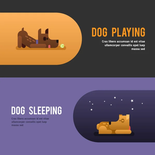 犬が遊んでいます。犬の sleepeing。かわいい茶色の犬を持つ web バナー テンプレート。ベクトル図 — ストックベクタ