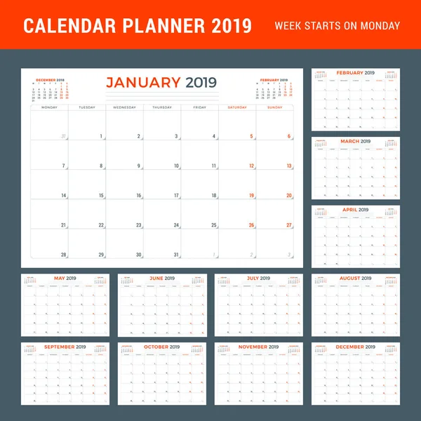 Πρότυπο σχεδίασης επιστολόχαρτου planner ημερολόγιο για το έτος 2019. Εικονογράφηση διάνυσμα — Διανυσματικό Αρχείο