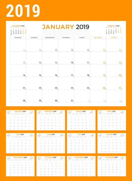 Шаблон дизайна канцелярских принадлежностей календаря на 2019 год. Векторная иллюстрация — стоковый вектор
