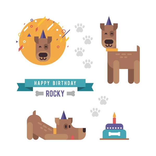 Ensemble de style dessin animé vectoriel d'éléments de fête de chien et d'anniversaire — Image vectorielle