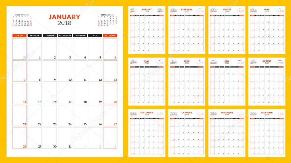 Calendar planner for 2018 year. Week starts on Sunday. Vector design print template