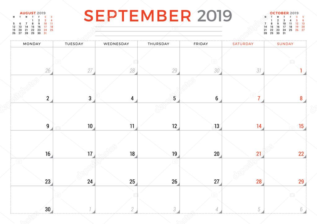 September 2019. Calendar planner stationery design template. Vector illustration