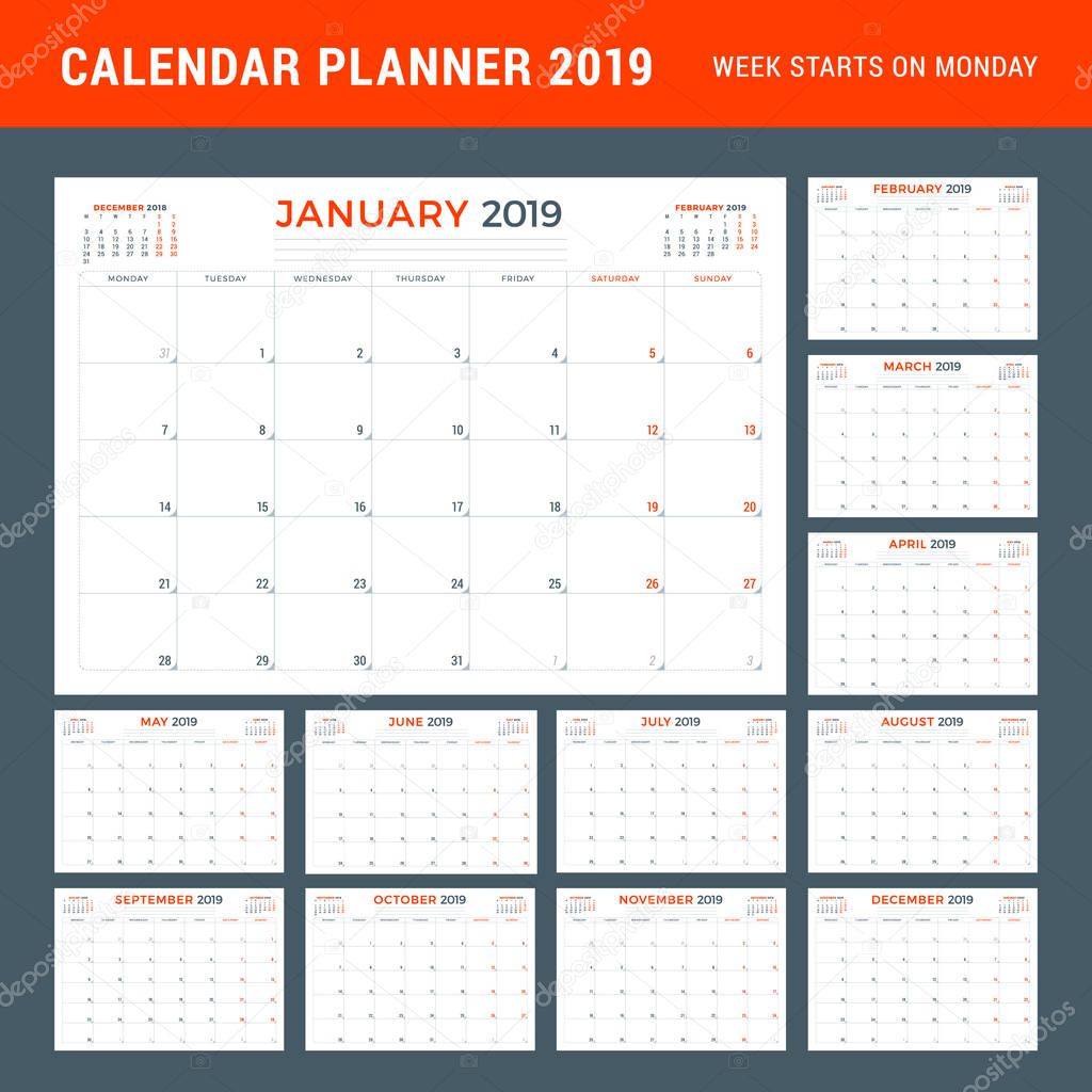 Calendar planner stationery design template for 2019 year. Vector illustration