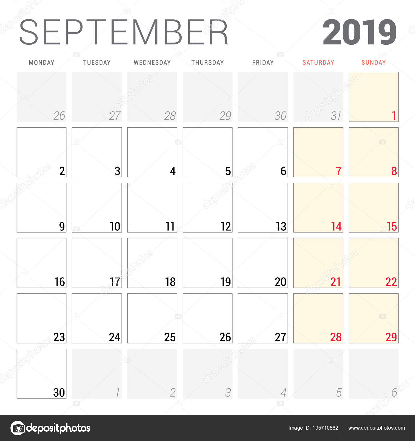 19年 9 月のカレンダー プランナー 週は月曜日に始まります 印刷可能なベクター デザインひな形 ストックベクター C Antartstock