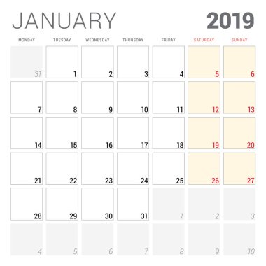 Takvim planlayıcısı Ocak 2019 için. Hafta Pazartesi günü başlar. Yazdırılabilir vektör ileti örneği tasarım şablonu
