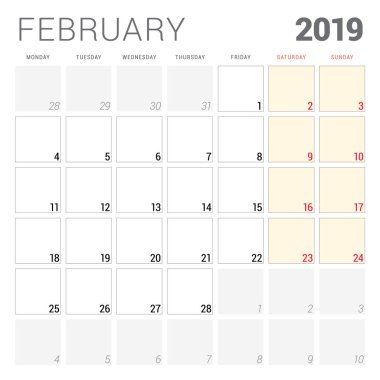 Şubat 2019 için takvim planlayıcısı. Hafta Pazartesi günü başlar. Yazdırılabilir vektör ileti örneği tasarım şablonu