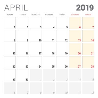 Nisan 2019 için takvim planlayıcısı. Hafta Pazartesi günü başlar. Yazdırılabilir vektör ileti örneği tasarım şablonu