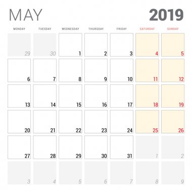 Mayıs 2019 için takvim planlayıcısı. Hafta Pazartesi günü başlar. Yazdırılabilir vektör ileti örneği tasarım şablonu