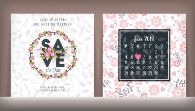 Tarih edersiniz. Düğün davetiye kartı çift taraflı tasarım şablonu sevimli çiçek arka plan ile. İleti örneği tasarımı. Vektör çizim