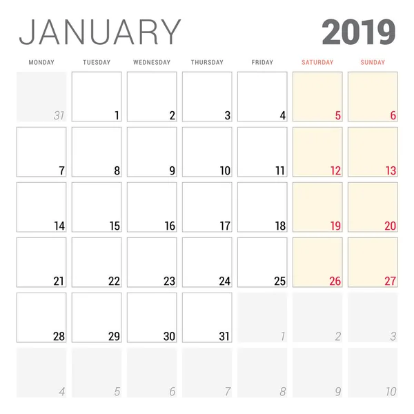 Ημερολόγιο για το σχεδιασμό για Ιανουαρίου 2019. Εβδομάδα ξεκινά τη Δευτέρα. Πρότυπο σχεδίασης επιστολόχαρτου εκτυπώσιμη διάνυσμα — Διανυσματικό Αρχείο