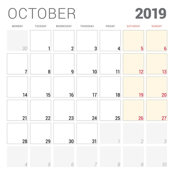 Planificador de calendario para octubre de 2019. La semana comienza el lunes. Plantilla de diseño de papelería vectorial imprimible — Vector de stock