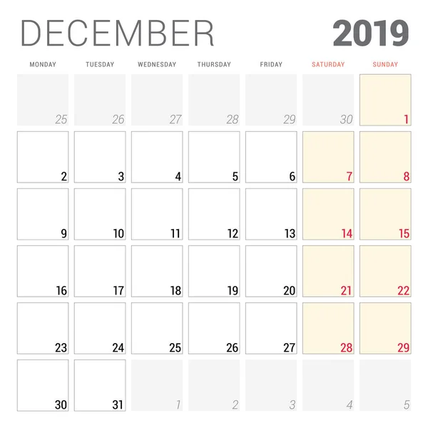 Planificador de calendario para diciembre de 2019. La semana comienza el lunes. Plantilla de diseño de papelería vectorial imprimible — Archivo Imágenes Vectoriales