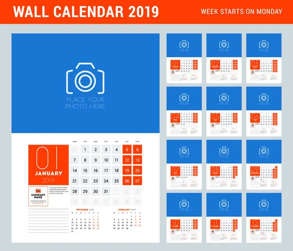 Wandkalender-Planer-Vorlage für das Jahr 2019. Satz von 12 Monaten. Die Woche beginnt am Montag. Vektorillustration — Stockvektor