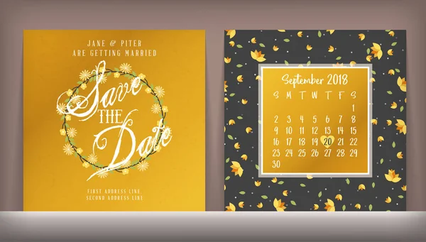 Save the date. Wedding invitation double-sided card design template with cute floral background. Stationery design. Vector illustration — Stock Vector