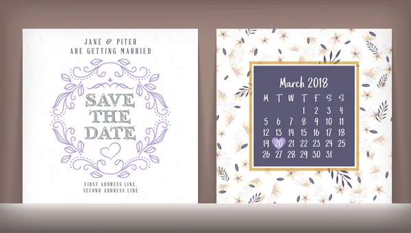 Αποθηκεύσετε την ημερομηνία. Πρότυπο σχεδίασης διπλής όψης κάρτα πρόσκληση γάμου με χαριτωμένα floral φόντο. Σχέδιο επιστολόχαρτου. Εικονογράφηση διάνυσμα — Διανυσματικό Αρχείο