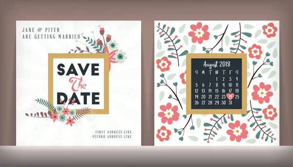 Save the date. Wedding invitation double-sided card design template with cute floral background. Stationery design. Vector illustration — Stock Vector