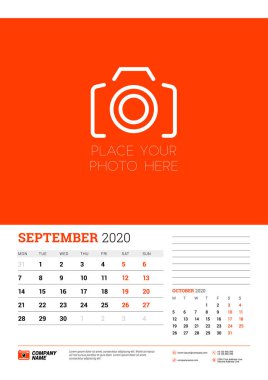 Eylül 2020 için duvar takvimi planlayıcı şablonu. Hafta pazartesi başlıyor. Typographic tasarım şablonu. Kırmızı ve siyah renk teması. Vektör illüstrasyonu