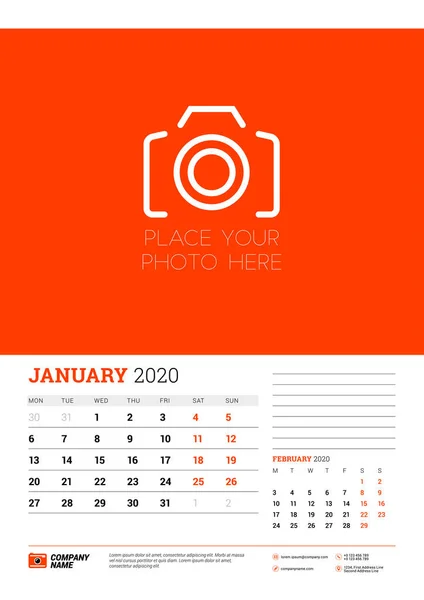 Väggkalender planerare mall för januari 2020. Veckan börjar på måndag. Typografisk designmall. Röd och svart färg tema. Vektorillustration — Stock vektor