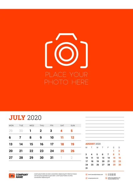 Wall calendar planner template for July 2020. Week starts on Monday. Typographic design template. Red and black color theme. Vector illustration — Stock Vector