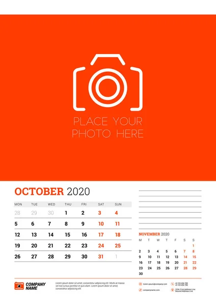 Wall calendar planner template for October 2020. Week starts on Monday. Typographic design template. Red and black color theme. Vector illustration — Stock Vector