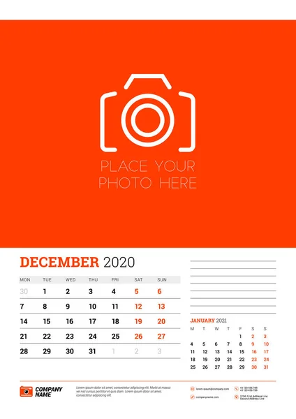Шаблон планировщика календаря на декабрь 2020 года. Неделя начинается в понедельник. Шаблон типографического дизайна. Красный и черный цвета тема. Векторная иллюстрация — стоковый вектор