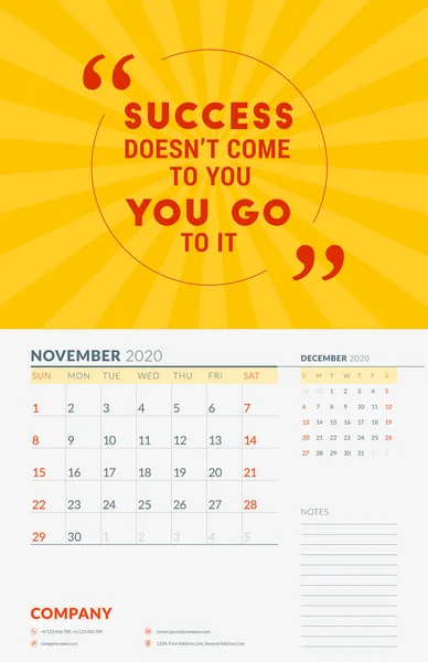 Wall calendar template for November 2020. Vector design print template with typographic motivational quote. Week starts on Sunday — Stock Vector