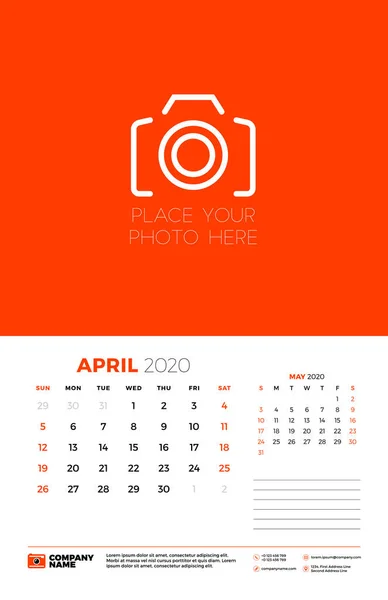 Апрель 2020 года. Шаблон планировщика календаря. Неделя начинается в воскресенье. Шаблон типографического дизайна. Векторная иллюстрация — стоковый вектор