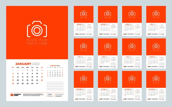 Kalender för 2020 år. Mall för planering av väggkalender. Veckan börjar på söndag. Typografisk designmall. Uppsättning på 12 månader. Vektorillustration — Stock vektor