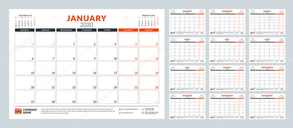 Calendar planner for 2020 year. Stationery design template. Vector illustration. Week starts on Monday