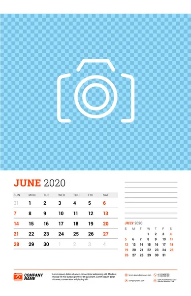 Шаблон планировщика календаря на июнь 2020 года. Неделя начинается в воскресенье. Шаблон типографического дизайна. Векторная иллюстрация — стоковый вектор