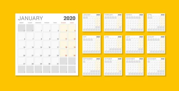 カレンダープランナーテンプレート2020年。週は月曜日に始まります。印刷可能なベクトル文房具デザインテンプレート — ストックベクタ