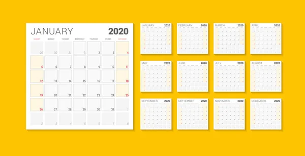 Πρότυπο σχεδιαστή ημερολογίου για το 2020 έτος. Η εβδομάδα αρχίζει την Κυριακή. Εκτυπώσιμο πρότυπο σχεδίασης γραφικής ύλης διανύσματος — Διανυσματικό Αρχείο