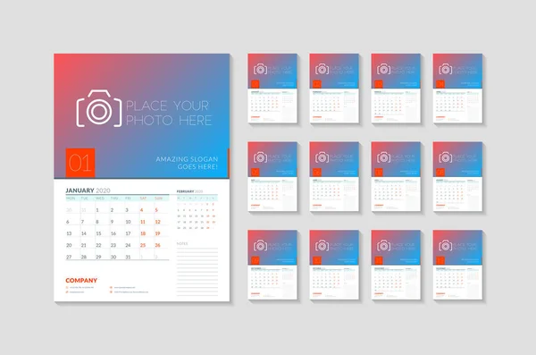 Mall för väggkalender för 2020. Veckan börjar på måndag. Vektorillustration. Uppsättning på 12 sidor — Stock vektor
