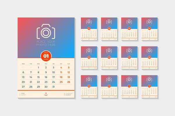 Wall calendar template for 2020 year. Week starts on Monday. Vector illustration. Set of 12 pages — Stock Vector