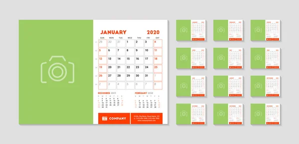 Bureaukalender voor 2020 jaar. Set van 12 pagina 's. De week begint op zondag. Vectorillustratie — Stockvector