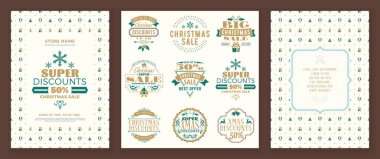 Noel indirimi poster tasarımı. Tatil alışverişi. İndirim teklifi. Bir dizi Noel indirimli vintage rozet. Tanıtım indirimi afişi için tipografik vektör tasarım ögeleri