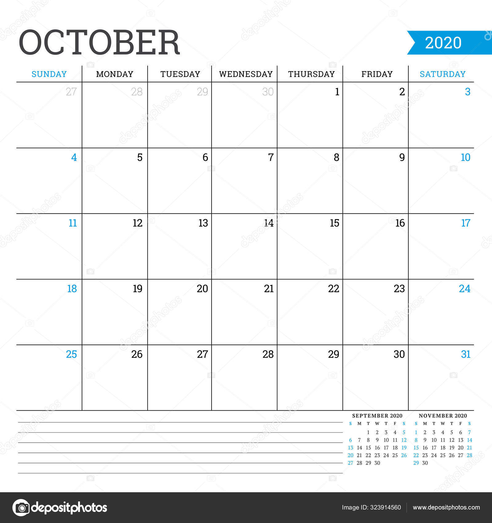 October 2020. Square monthly calendar. Planner template. Minimalist ...