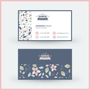 Sevimli çiçek arka plan ile çift taraflı yatay modern kartvizit şablonu. Vektör mockup Illustration. Kırtasiye tasarımı