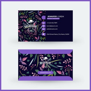 Sevimli çiçek arka plan ile çift taraflı yatay modern kartvizit şablonu. Vektör mockup Illustration. Kırtasiye tasarımı