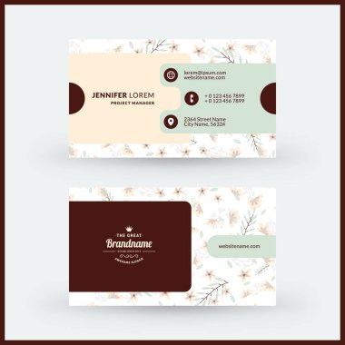 Sevimli çiçek arka plan ile çift taraflı yatay modern kartvizit şablonu. Vektör mockup Illustration. Kırtasiye tasarımı