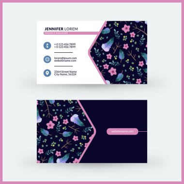 Sevimli çiçek arka plan ile çift taraflı yatay modern kartvizit şablonu. Vektör mockup Illustration. Kırtasiye tasarımı