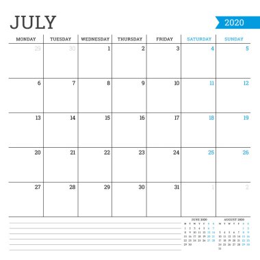 Temmuz 2020. Aylık takvim. Planlayıcı şablonu. Minimalist tarzda. Vektör çizimi. Hafta pazartesi başlıyor.