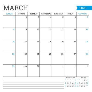 Mart 2020. Aylık takvim. Planlayıcı şablonu. Minimalist tarzda. Vektör çizimi. Hafta pazar günü başlıyor.